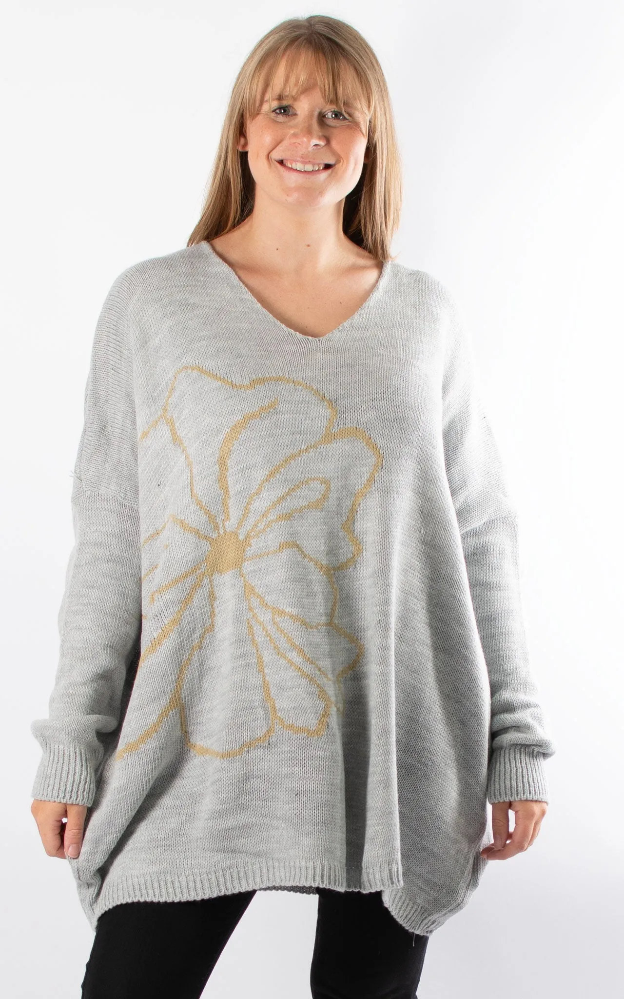 Side Flower Knit Jumper | Grey