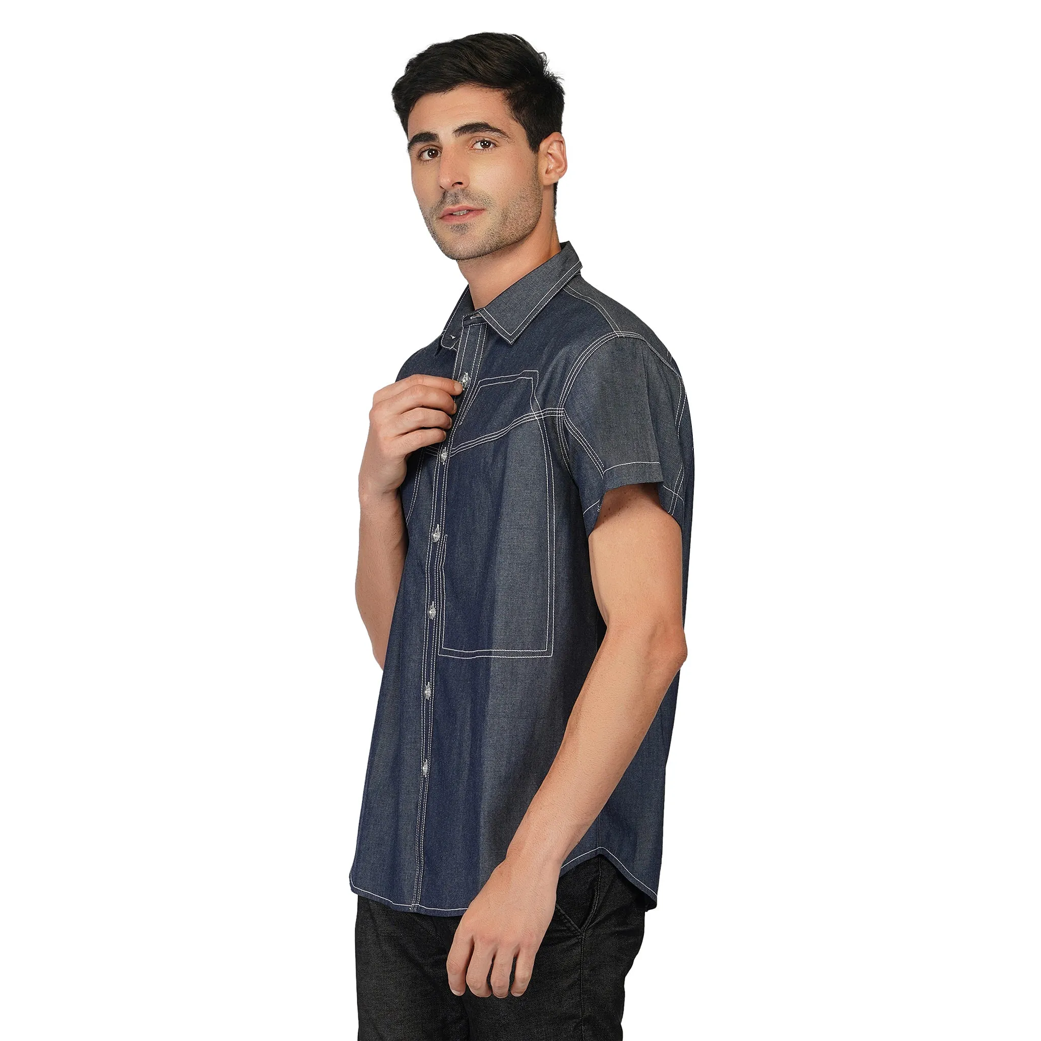 SLAY. Men's Half Sleeves Abstract Stitch Designer Denim Shirt