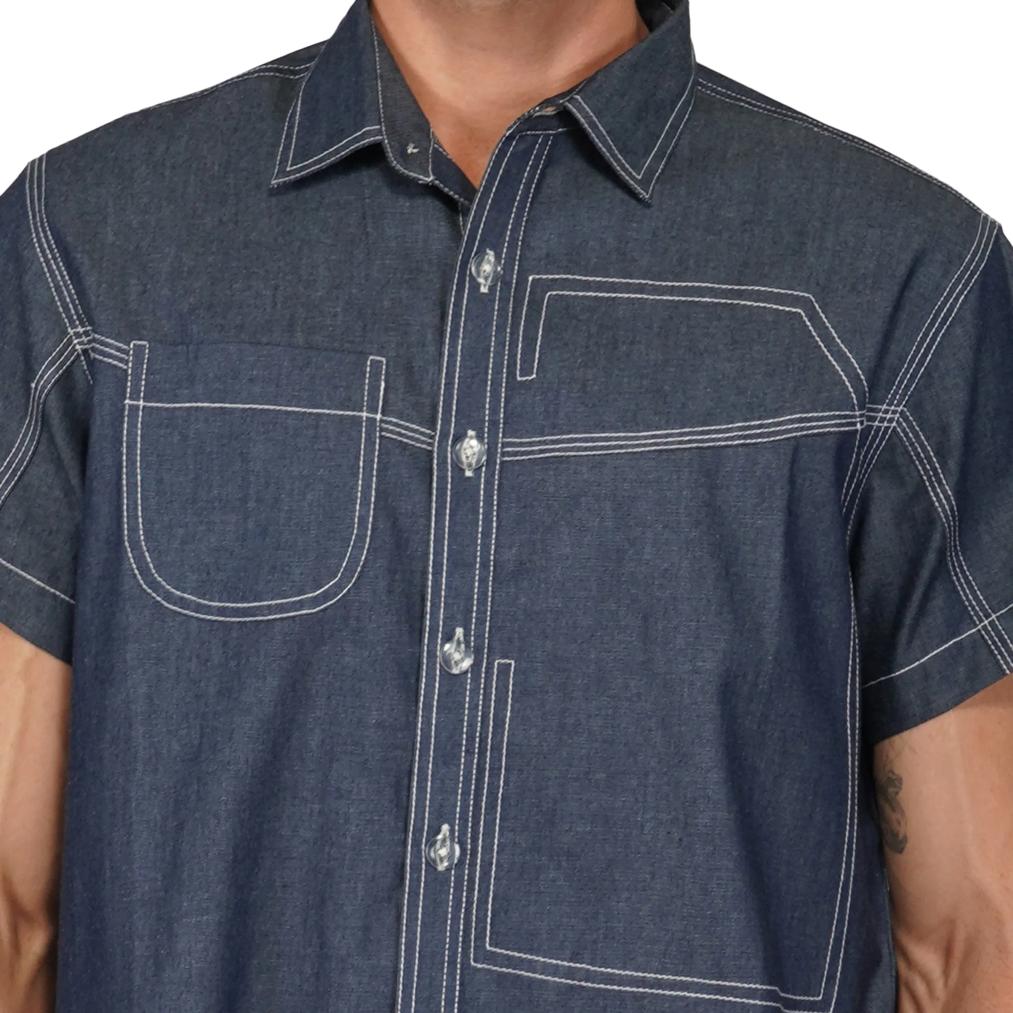 SLAY. Men's Half Sleeves Abstract Stitch Designer Denim Shirt