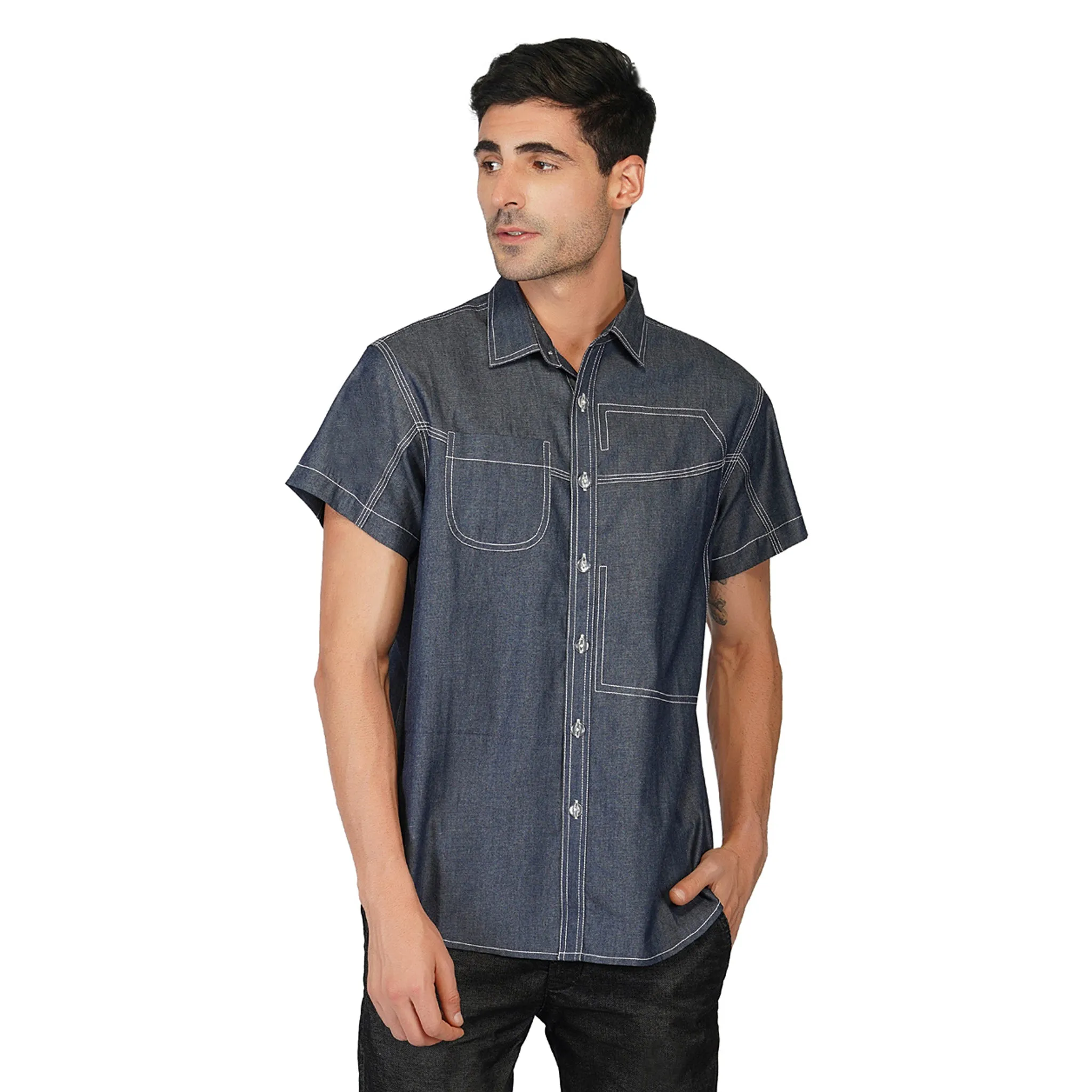 SLAY. Men's Half Sleeves Abstract Stitch Designer Denim Shirt