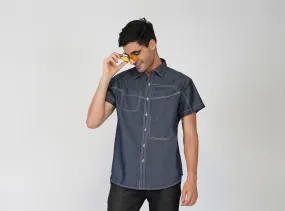 SLAY. Men's Half Sleeves Abstract Stitch Designer Denim Shirt