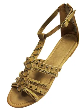 Tan Studded Strappy Womens Sandals With Chain Trim Size 8