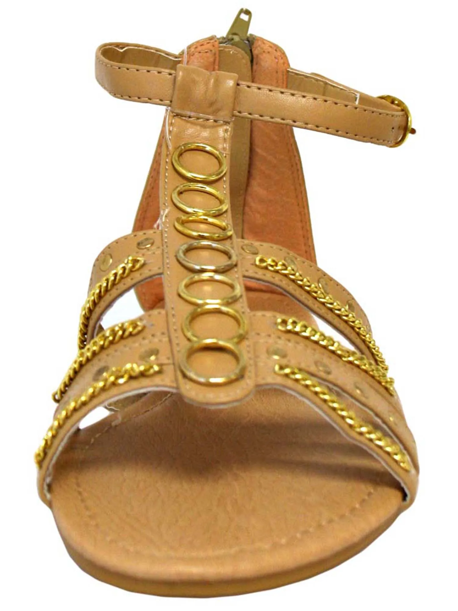 Tan Studded Strappy Womens Sandals With Chain Trim Size 8