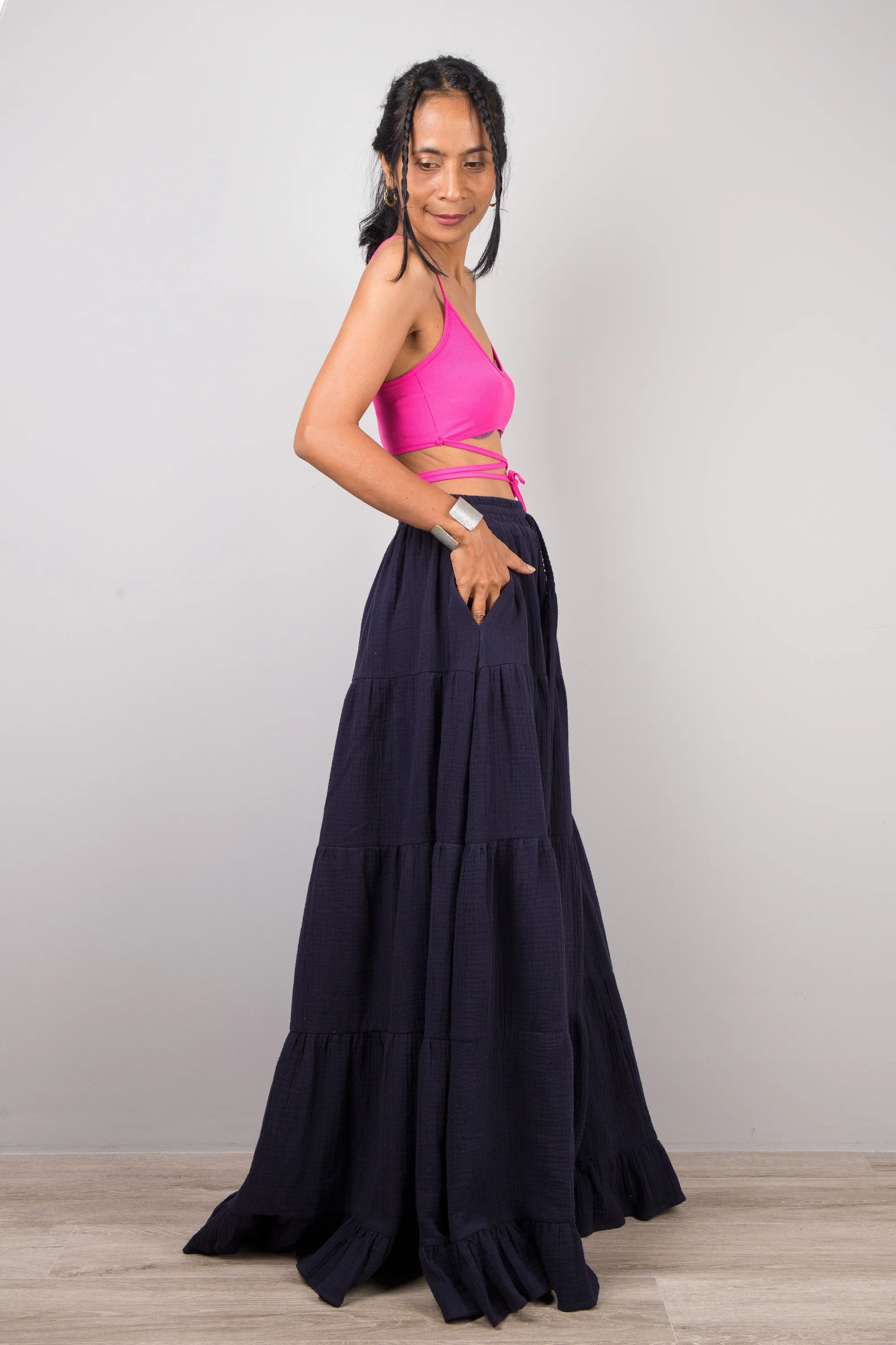 Tiered blue peasant maxi skirt