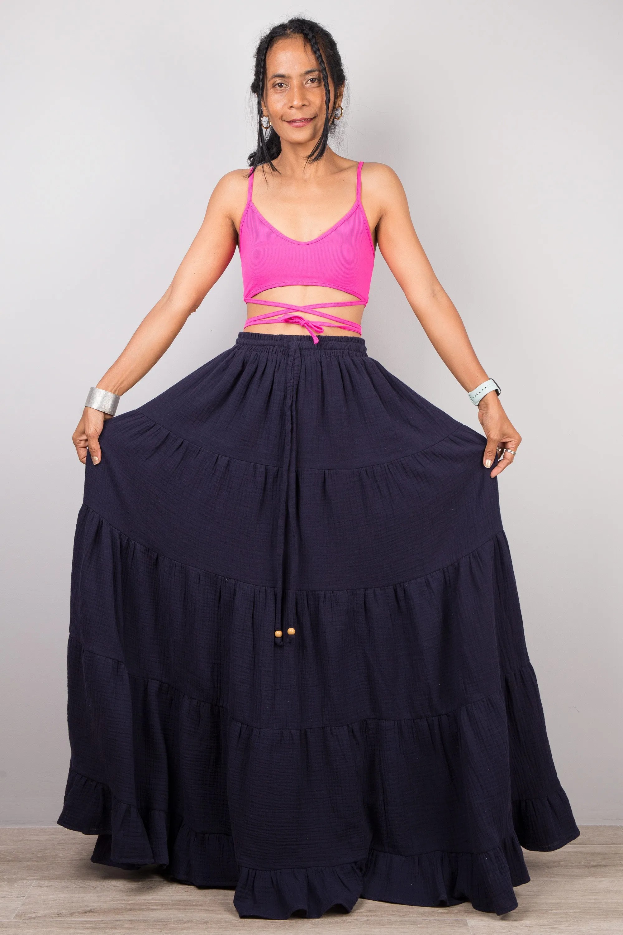 Tiered blue peasant maxi skirt