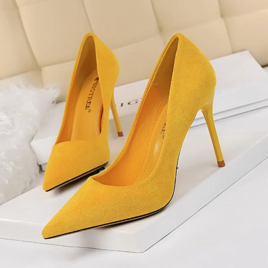 Women 3" pointed toe stiletto yellow heels | closed toe shallow stilettos