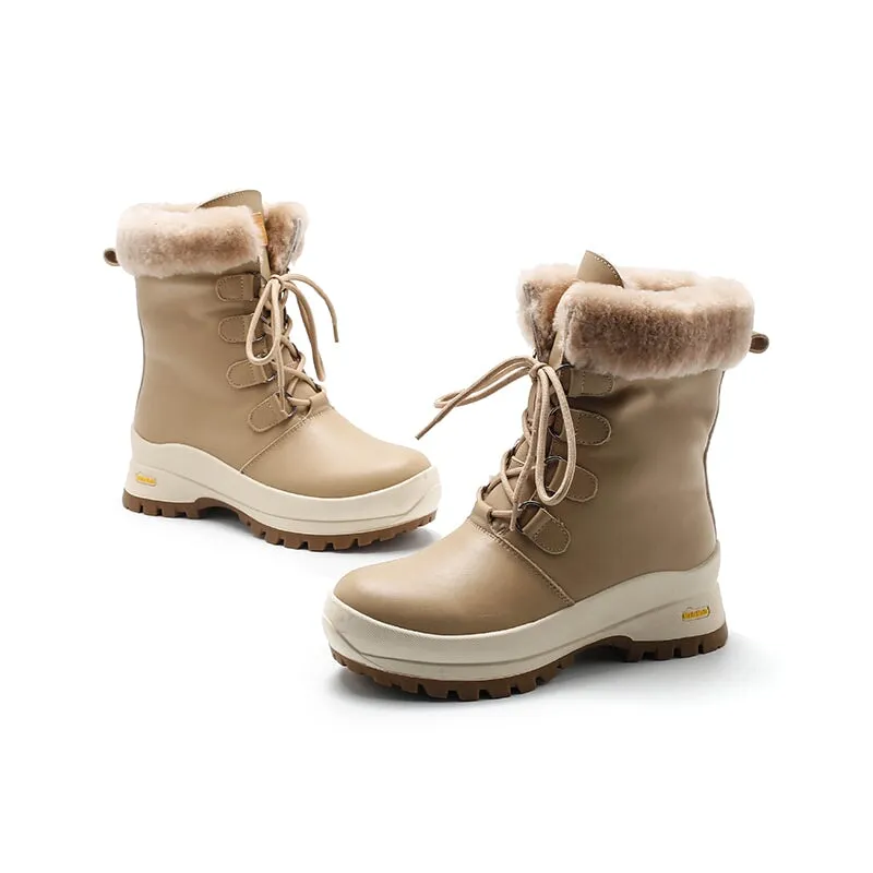 Women Leather Chunky Boots With Shearling Lined in Apricot/Beige