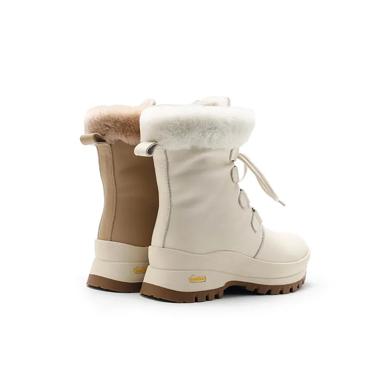 Women Leather Chunky Boots With Shearling Lined in Apricot/Beige