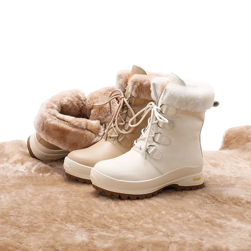 Women Leather Chunky Boots With Shearling Lined in Apricot/Beige