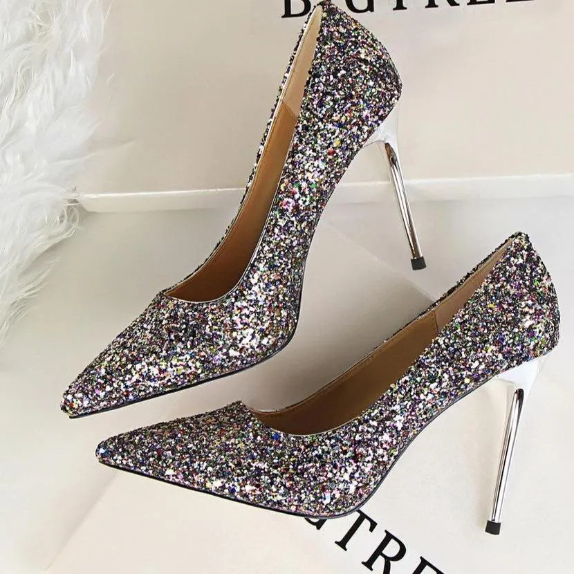 Women sparkly rhinestone pointed toe wedding stiletto heels