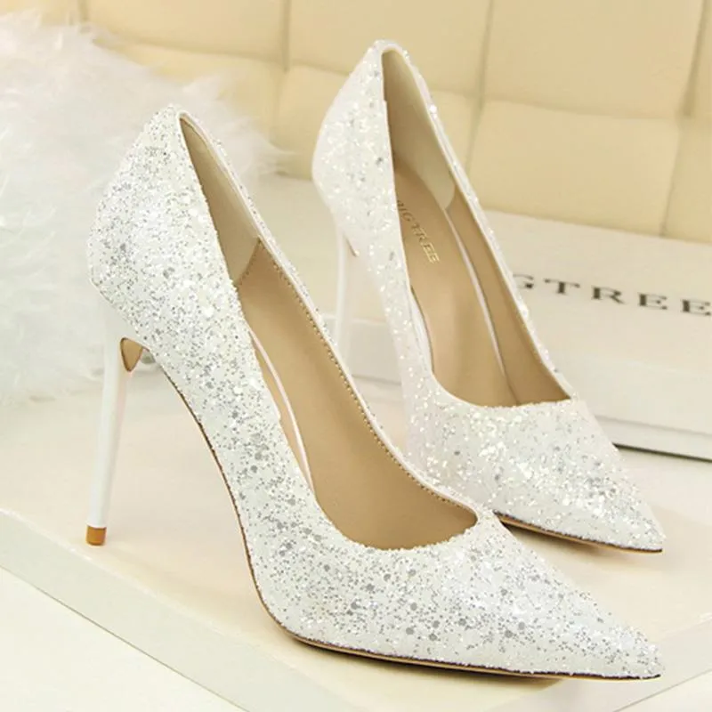 Women sparkly rhinestone pointed toe wedding stiletto heels