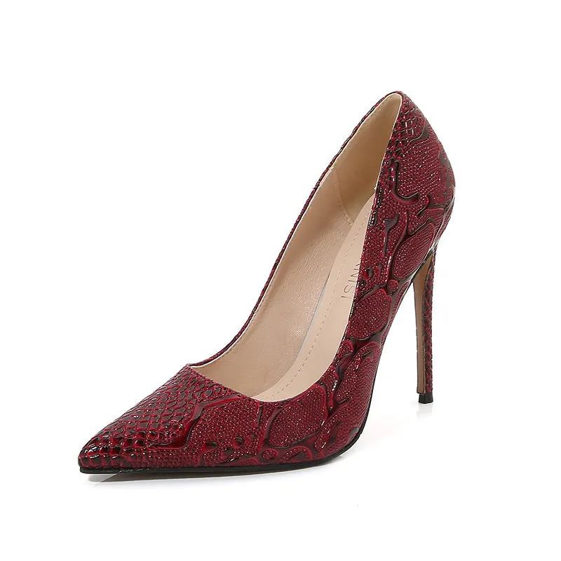 Women's Embossed Pointed Toe Shallow Stiletto Heel Pumps