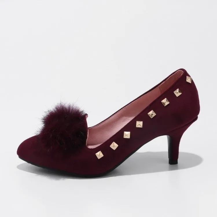 Women's Flock Pointed Toe Furry Rivets Shallow Stiletto Heel Pumps