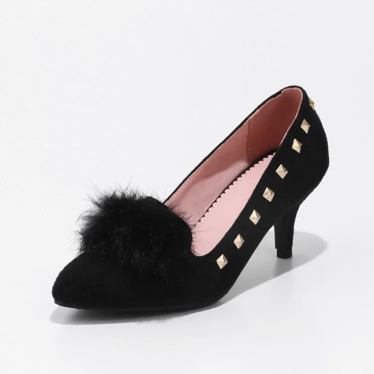 Women's Flock Pointed Toe Furry Rivets Shallow Stiletto Heel Pumps