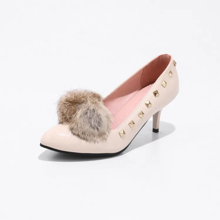 Women's Pointed Toe Furry Rivets Shallow Stiletto Heel Pumps