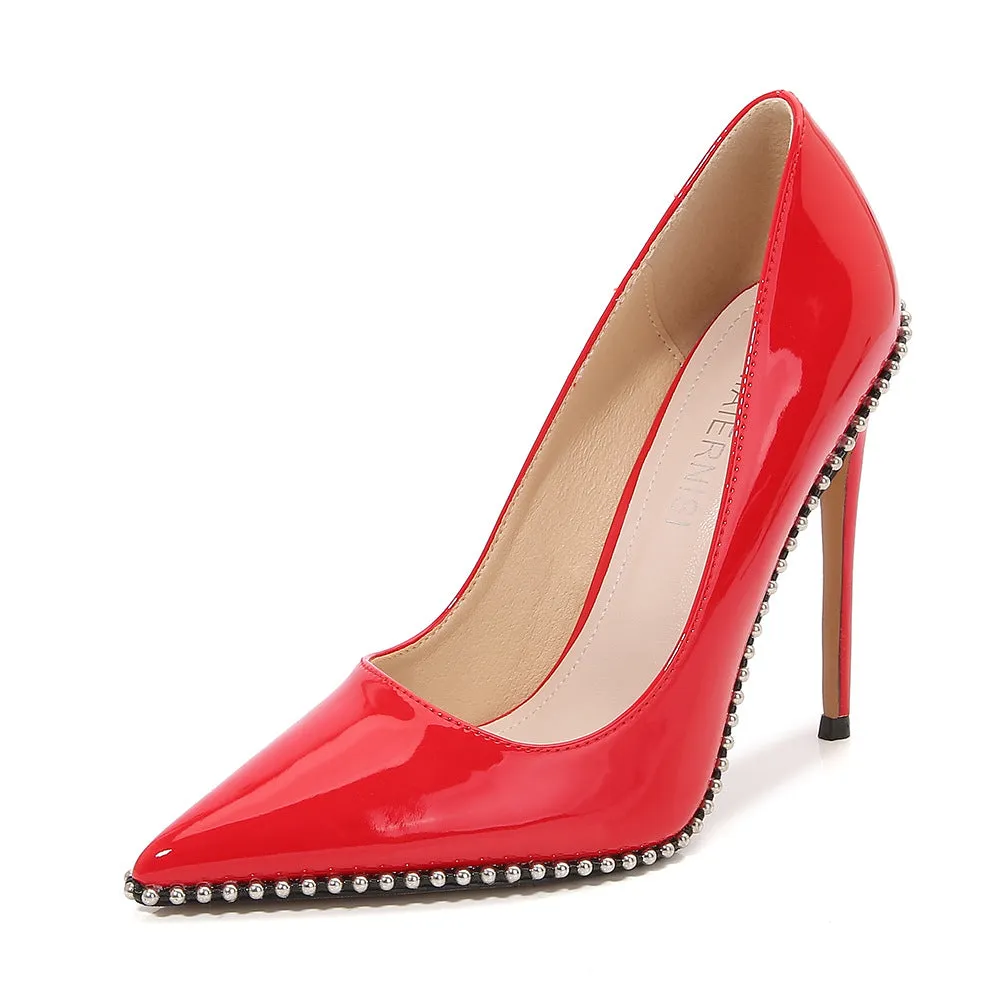 Women's Pointed Toe Rhinestone Rivets Shallow Stiletto Heel Pumps