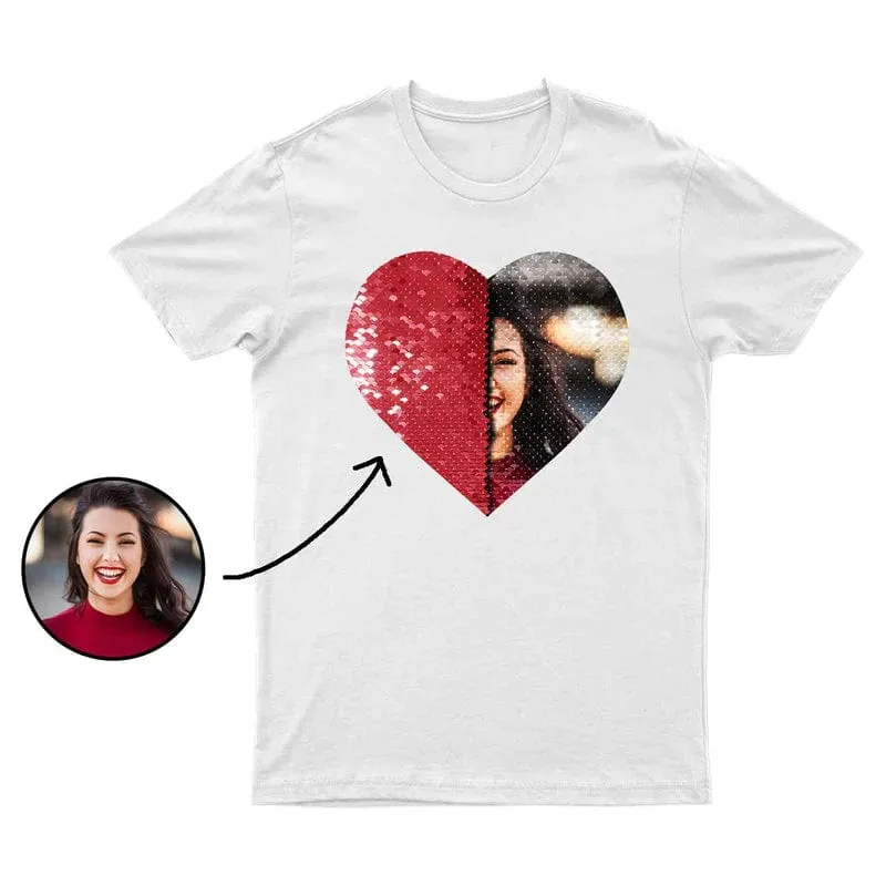 #XS-4XL-Custom Photo or Text Classic Unisex Cotton T-shirt DIY Heart Sequin Tee For Men and Women