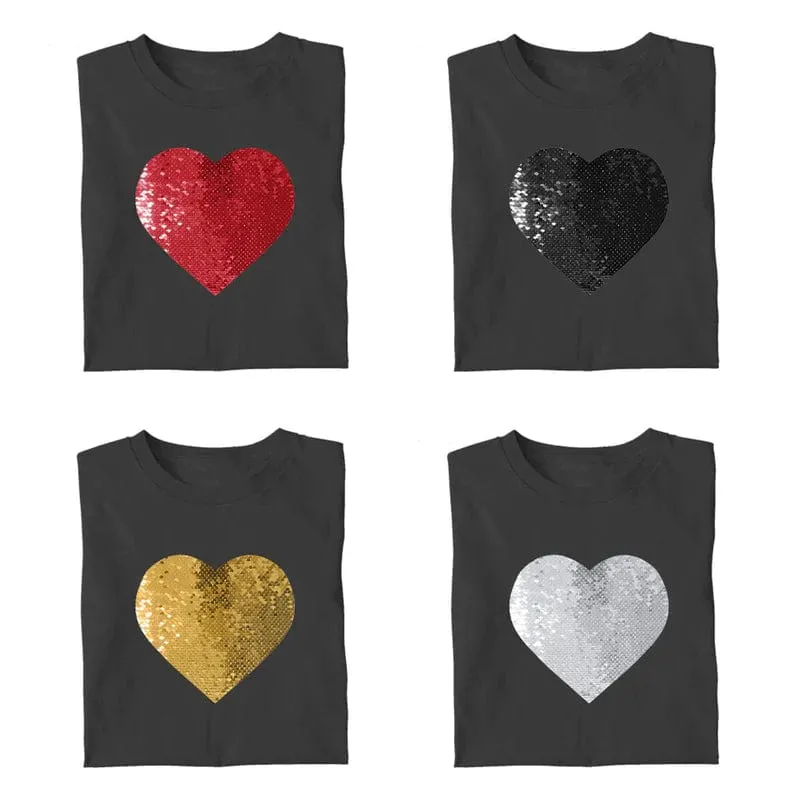 #XS-4XL-Custom Photo or Text Classic Unisex Cotton T-shirt DIY Heart Sequin Tee For Men and Women